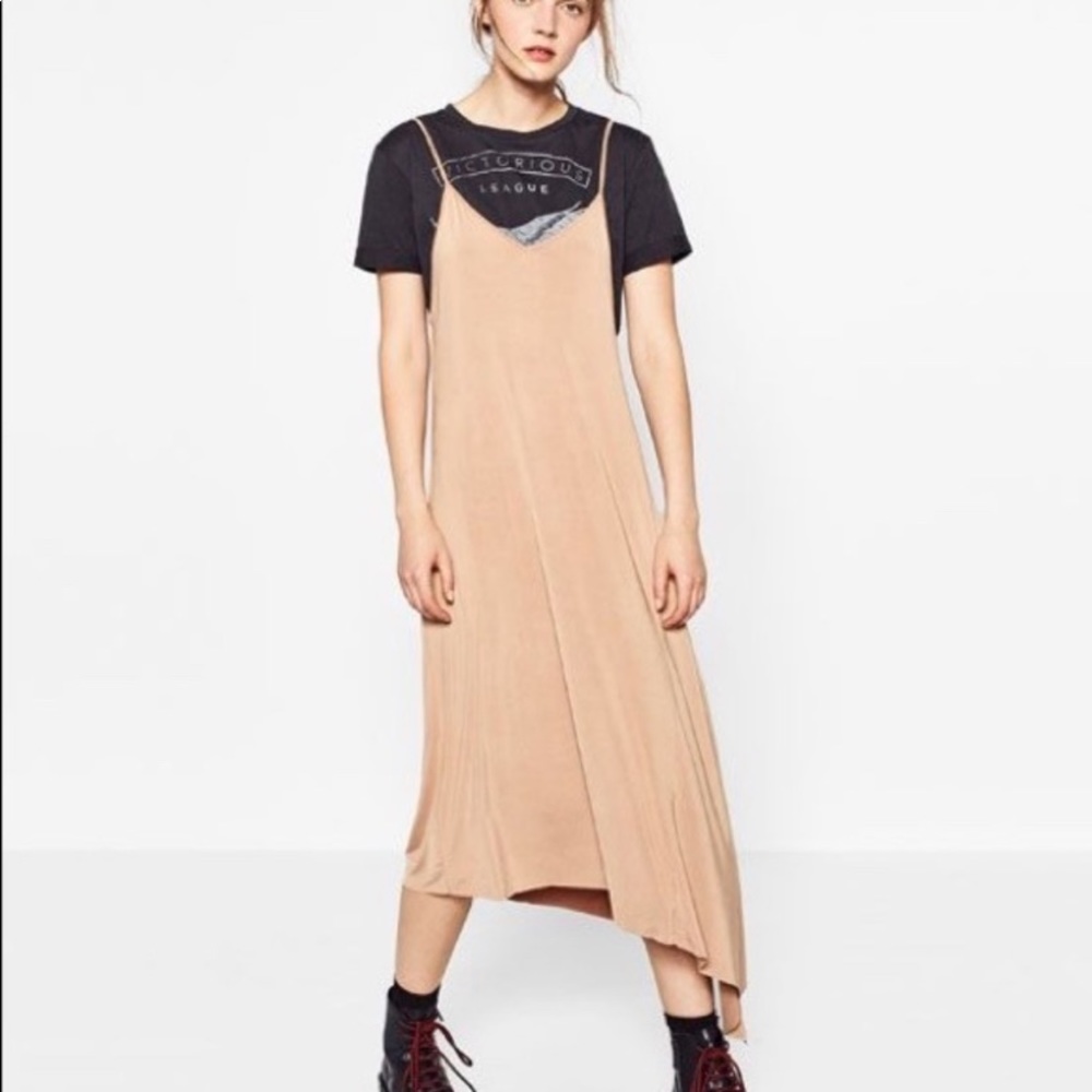 Zara  Trafaluc Asymmetric layered Slip Dress with Graphic Tee. F20